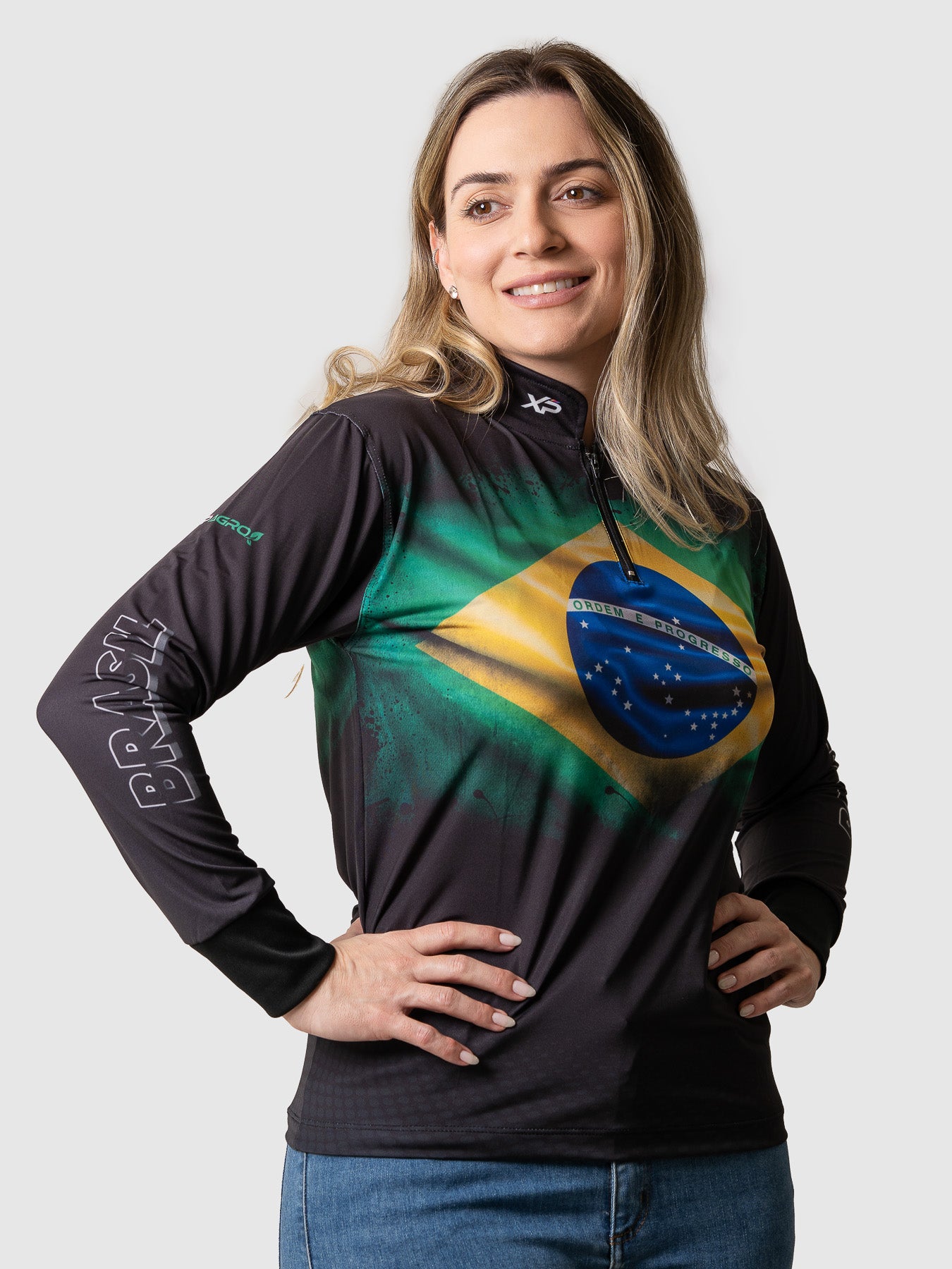 Camisa Agro Feminina XP Brasil Bandeira do Brasil com Proteção UV50+