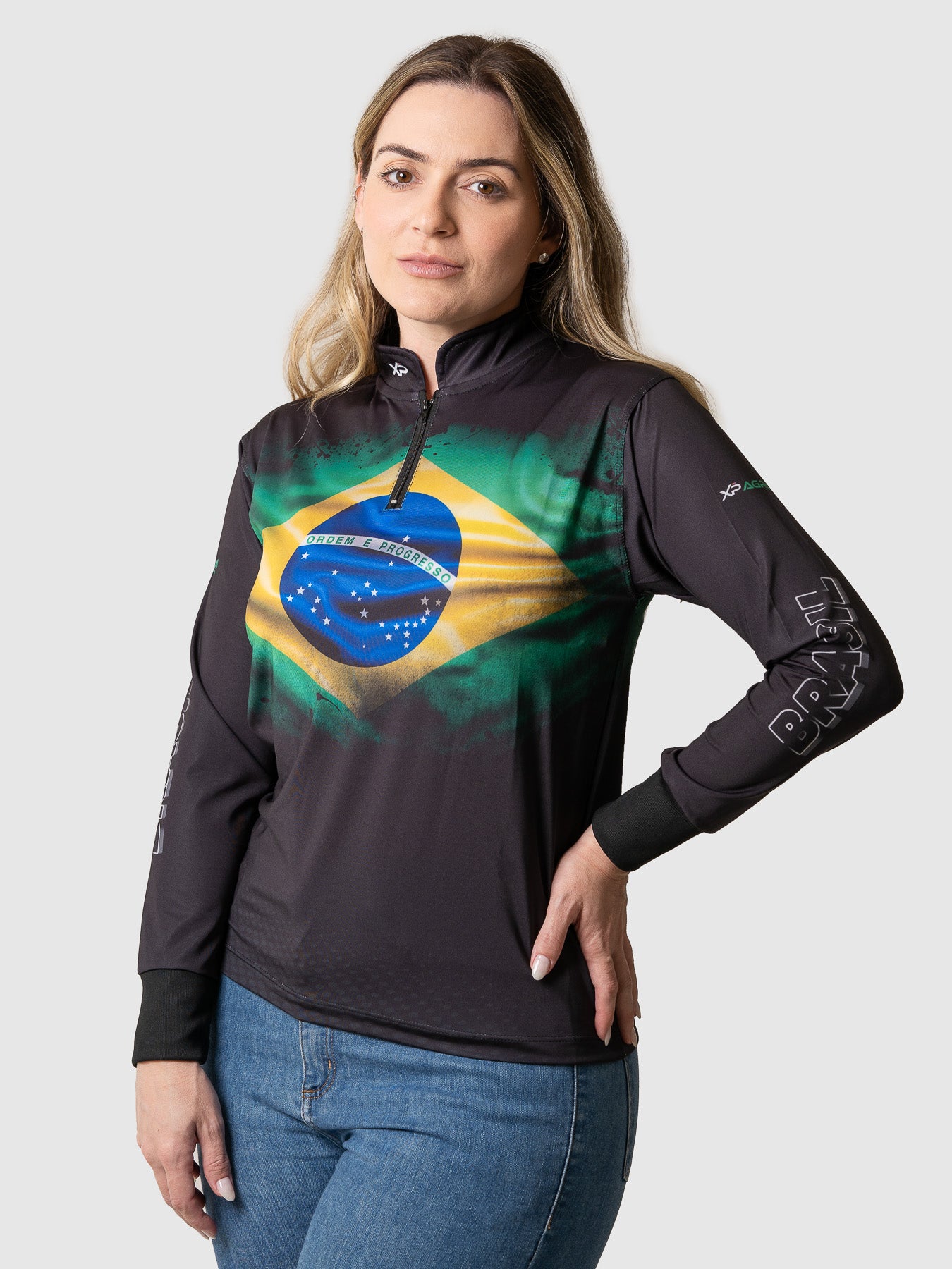 Camisa Agro Feminina XP Brasil Bandeira do Brasil com Proteção UV50+