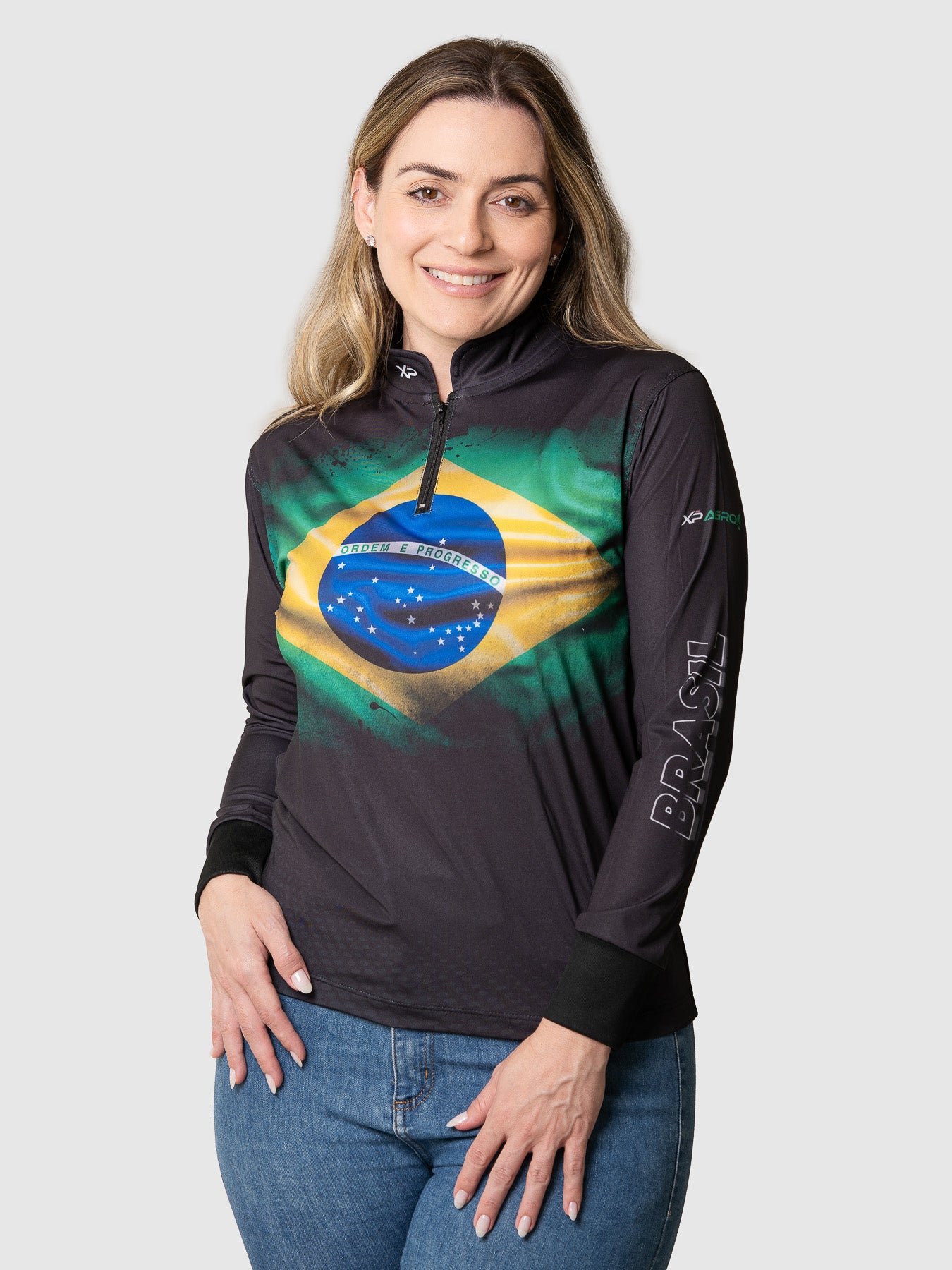 Camisa Agro Feminina XP Brasil Bandeira do Brasil com Proteção UV50+