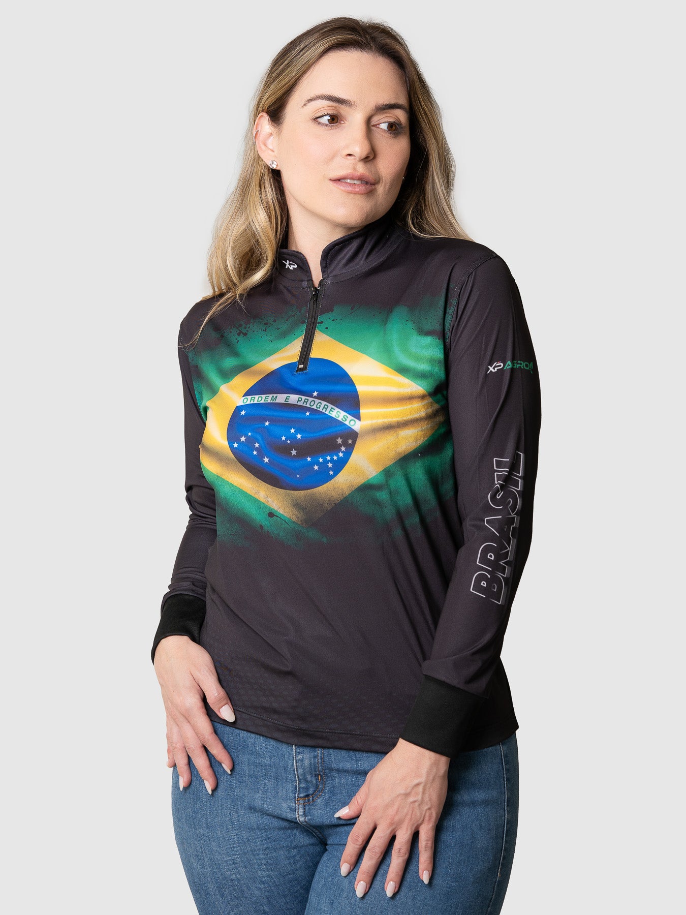 Camisa Agro Feminina XP Brasil Bandeira do Brasil com Proteção UV50+