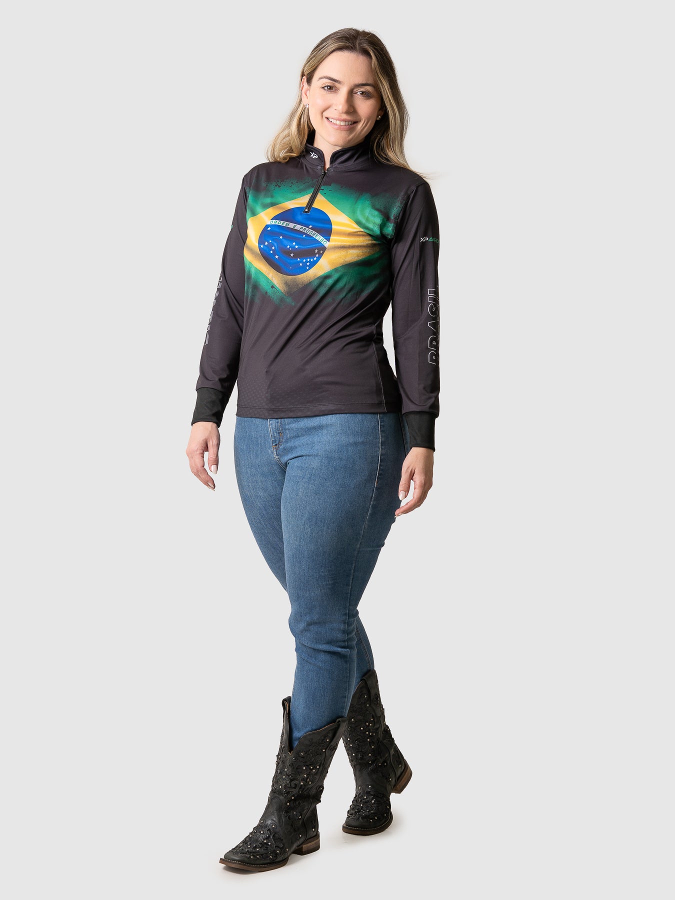 Camisa Agro Feminina XP Brasil Bandeira do Brasil com Proteção UV50+